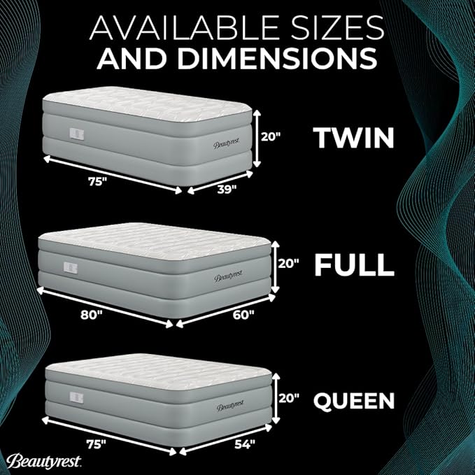 Beautyrest Luxaire, Full Size Luxury Air Mattress, 20 Inch Height with Cool Vent Top, Smart Auto Shut-Off Pump, Puncture Resistant Ever Firm Fabric with Edge Support