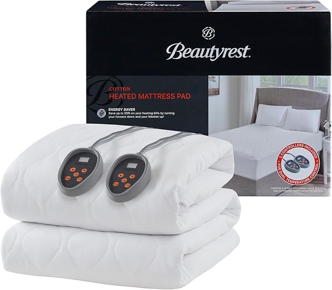 Beautyrest Cotton Heated Mattress Pad - Bed Warmer with 20 Heat Settings Controller, Auto Shut Off Timer, All Around Elastic Deep Pocket, UL Certified, Machine Washable, White King
