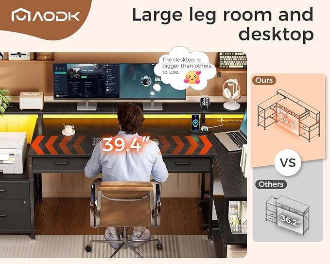 AODK L Shaped Desk with 5 File Drawers, 66" Reversible L Shaped Computer Desk with Power Outlet & LED Strip, Office Desk with Storage Shelves, Gaming Desk with Monitor Shelf, Corner Desk, Black