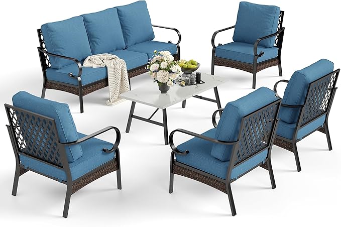6 Piece Metal Outdoor Patio Furniture Sets, Patio Conversation Sets with 3-Seater Sofa, 4 Single Sofa (5.75" Thick Cushion) & Coffee Table, Black Frame Backyard Furniture, Denim Blue