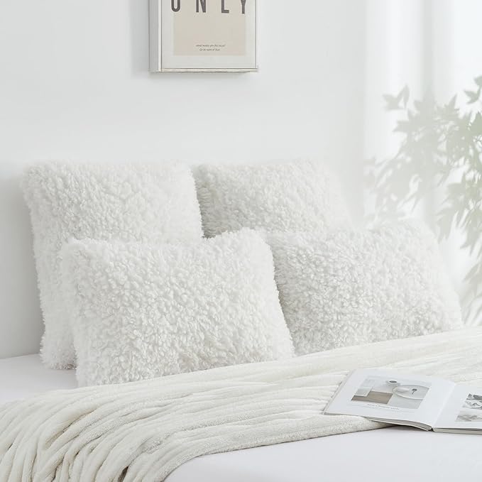 FUTEI Cream White Decorative Throw Pillow Covers 12x20 Inch Set of 2,Soft Fluffy Faux Wool Fur Boucle Textured Lumbar Pillow Case,Modern Home Decor for Couch Bed Living Room Office