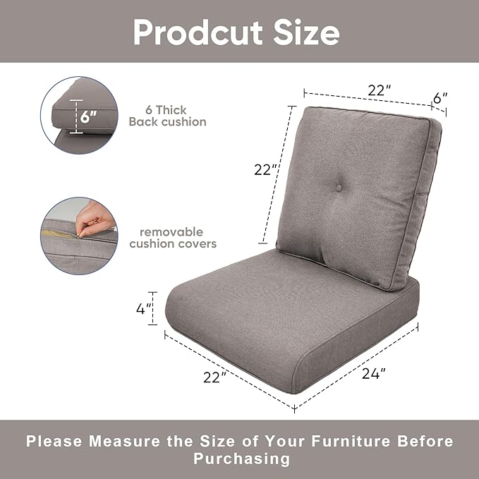 8-Piece Outdoor Patio Cushion Set - Fade & Water Resistant with Removable Olefin Cover, 22x24x4 Inch Memory Foam Cushions for Wicker Sectional Sofa – Grey/Buckle