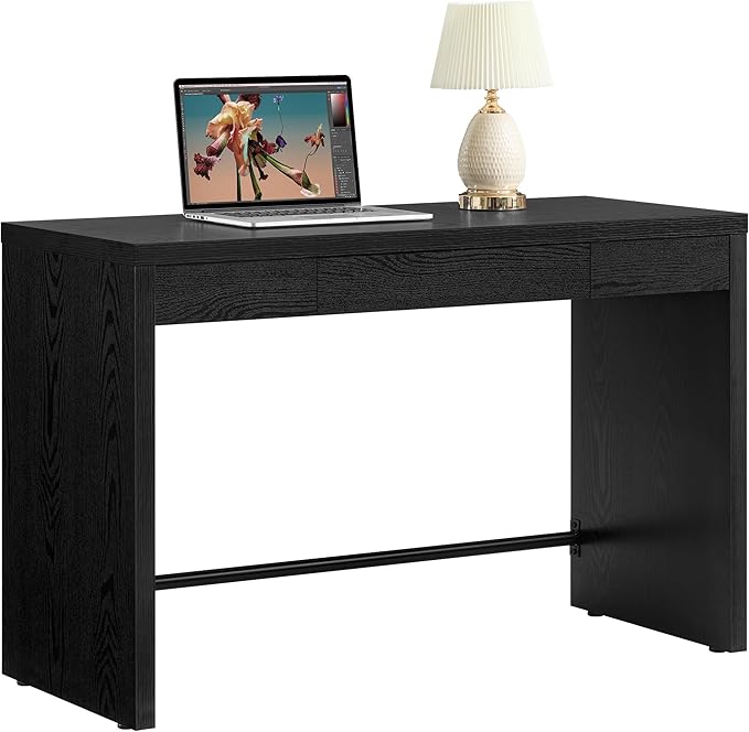 SICOTAS Computer Desk Writing Table - 47-Inch Wooden Study Desk for Bedroom, Farmhouse Home Office Desk with Drawer, Boho Makeup Vanity Table for Dormitory (Black Oak, 1 Piece)