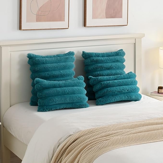 FUTEI Teal Decorative Throw Pillow Covers 20x20 Inch Set of 2, Square Soft Faux Rabbit Fur Thick Striped Cushion Cover,Winter Home Decor for Couch Bed Living Room