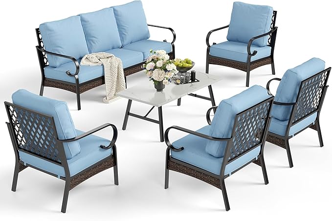 6 Piece Metal Outdoor Patio Furniture Sets, Patio Conversation Sets 1 3-Seater Sofa, 4 Single Sofa with 5.75" Extra Thick Cushion & Coffee Table, Black Frame Backyard Furniture, Blue