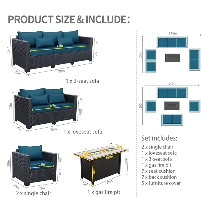 Rattaner Patio Furniture Set with 45In Fire Pit 5 Pieces Outdoor Furniture Sets Patio Couch Outdoor Chairs 60000 BTU Steel Propane Fire Pit Table No-Slip Cushions and Waterproof Covers, Peacock Blue