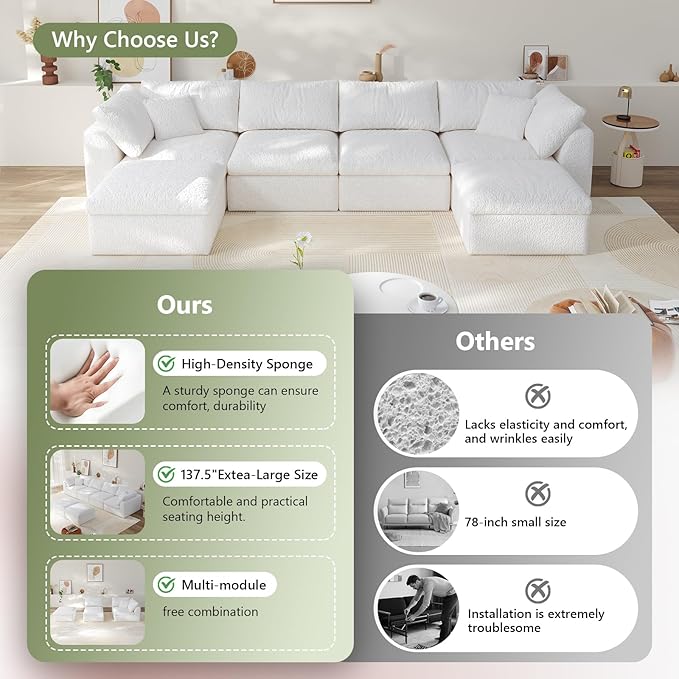 138" Boneless Cloud Couch Modular Sectional Sofa with Deep Seat for Living Room, L Shape Couch with Ottoman, Snowflake Cloth and 40D Memory Sponge,2 Throw Pillows (White, 4 Seater+2 Ottoman)