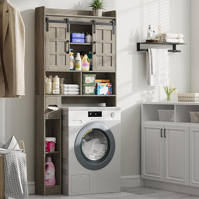 Over The Toilet Storage Cabinet, Farmhouse Storage Cabinet Over Toilet with Sliding Doors,Home Space-Saving Toilet Rack, for Bathroom, Restroom, Laundry.Wash Grey