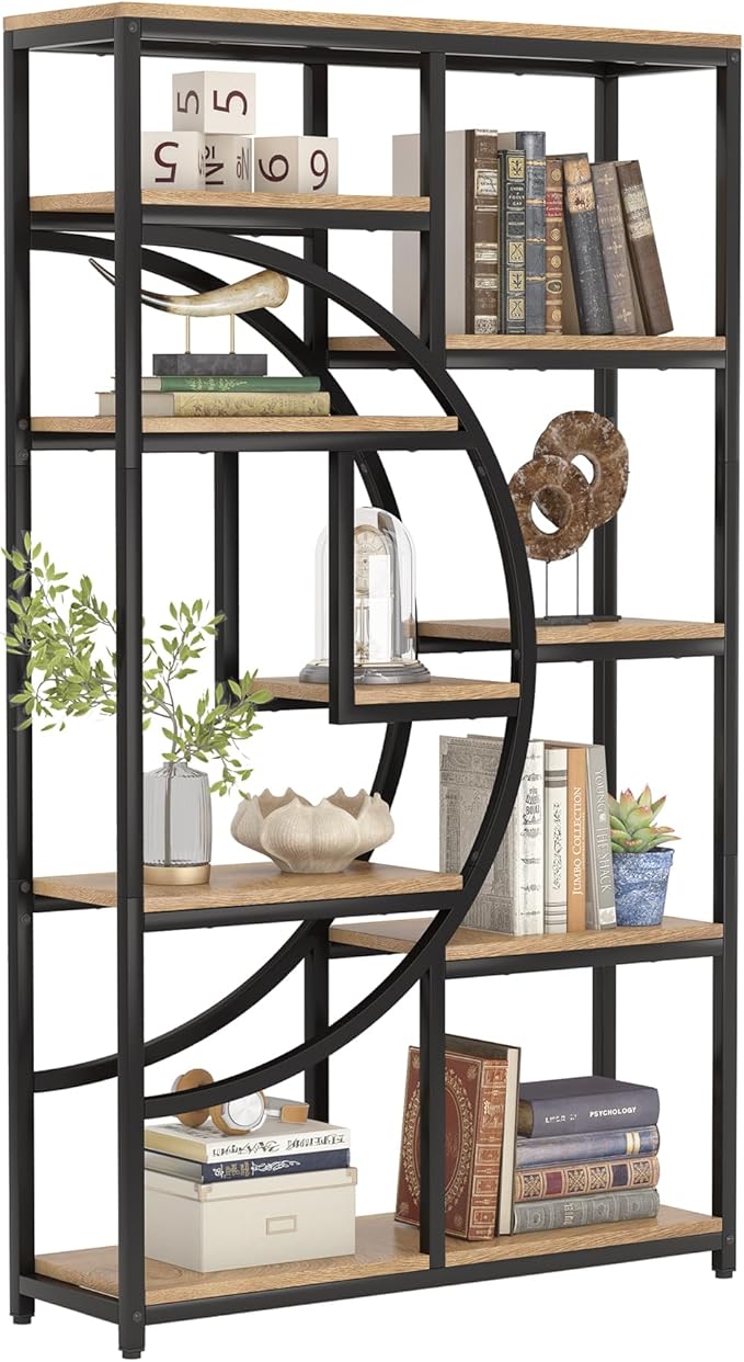 Tribesigns Bookshelf Industrial 5 Tier Etagere Bookcase, Freestanding Tall Bookshelves Display Shelf Storage Organizer with 9-Open Storage Shelf for Living Room, Bedroom (Light Oak, 2 Pack)