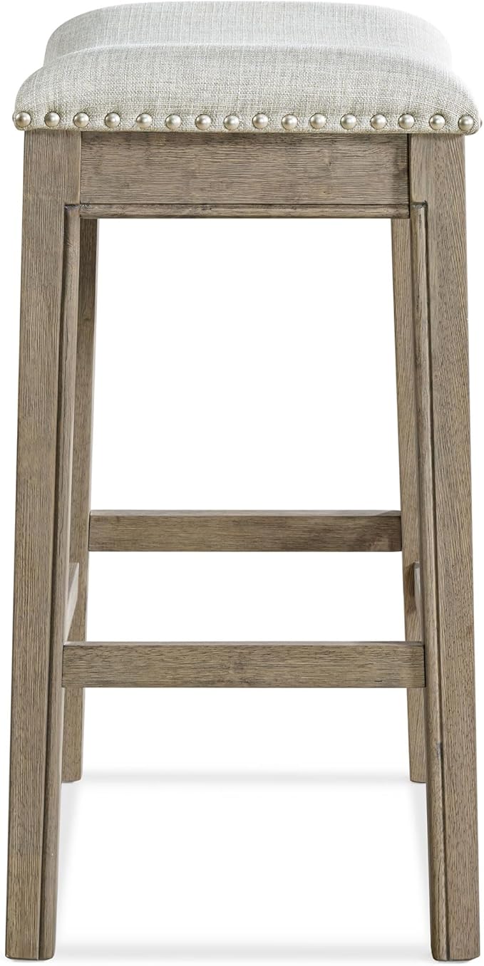 ROME + OAK Parker 26 Inch Counter Stool, Backless Saddle Kitchen Barstool in Reclaimed Oak Finish with Ash Grey Fabric Upholstery Cushion Seat
