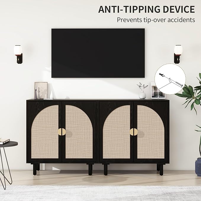 Black Sideboard Cabinet with 2 Rattan Doors, Rattan Buffet Cabinet with Adjustable Shelves & Pine Legs, Boho Sideboard Buffet for Living Room, Kitchen, Entryway (Black,2 PCS)