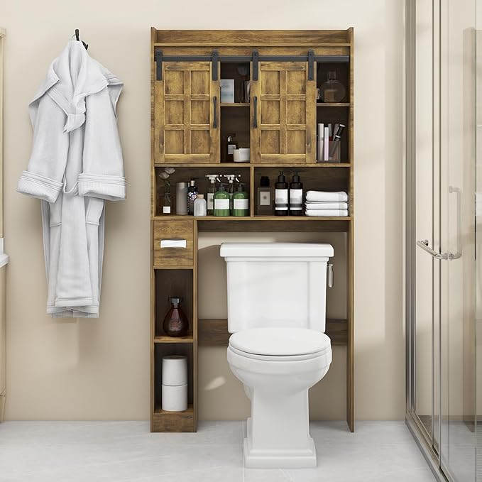 Over The Toilet Storage Cabinet, Farmhouse Storage Cabinet Over Toilet with Sliding Doors,Home Space-Saving Toilet Rack, for Bathroom, Restroom, Laundry. Brown