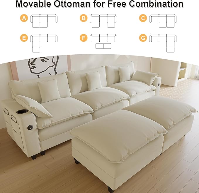 Cloud Couch, Modular Sectional Sofa with Ottoman, Charging Station, Throw Pillows, Cup Holders, Modern Convertible L Shaped Couches for Living Room, Bedroom (White, 116"- U Shape)
