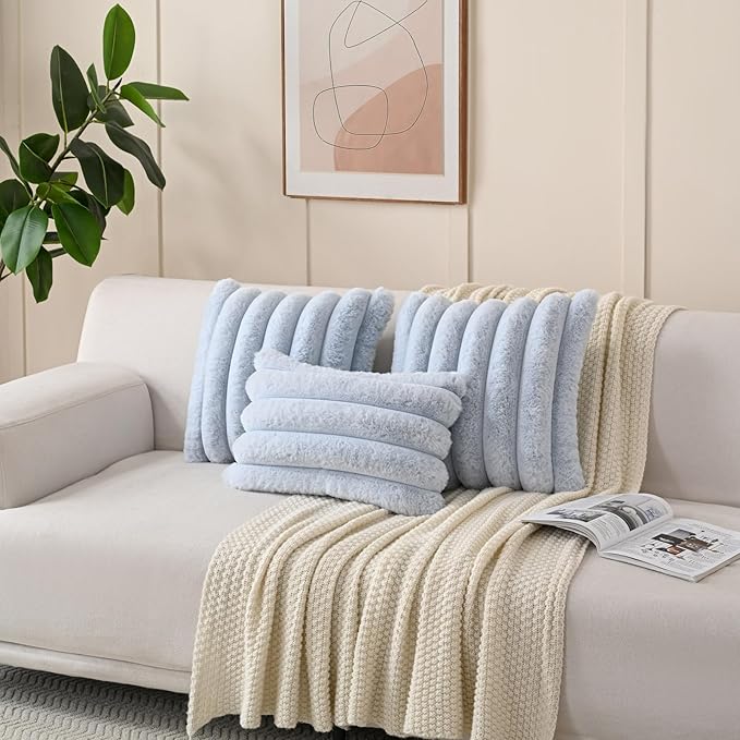 FUTEI Light Blue Decorative Throw Pillow Covers 26x26 Inch Set of 2, Square Soft Faux Rabbit Fur Thick Striped Euro Pillow Shams,Winter Home Decor for Couch Bed Living Room