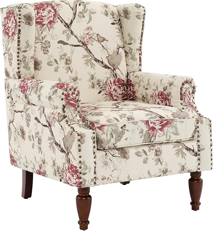 UIXE Floral Accent Chairs Set of 2, High Back Upholstered Armchair Wingback Arm Chair in Fabric for Living Room, Nailhead Trim Single Sofa Bedroom Side Reading Seat with Retro Solid Wood Legs - Beige