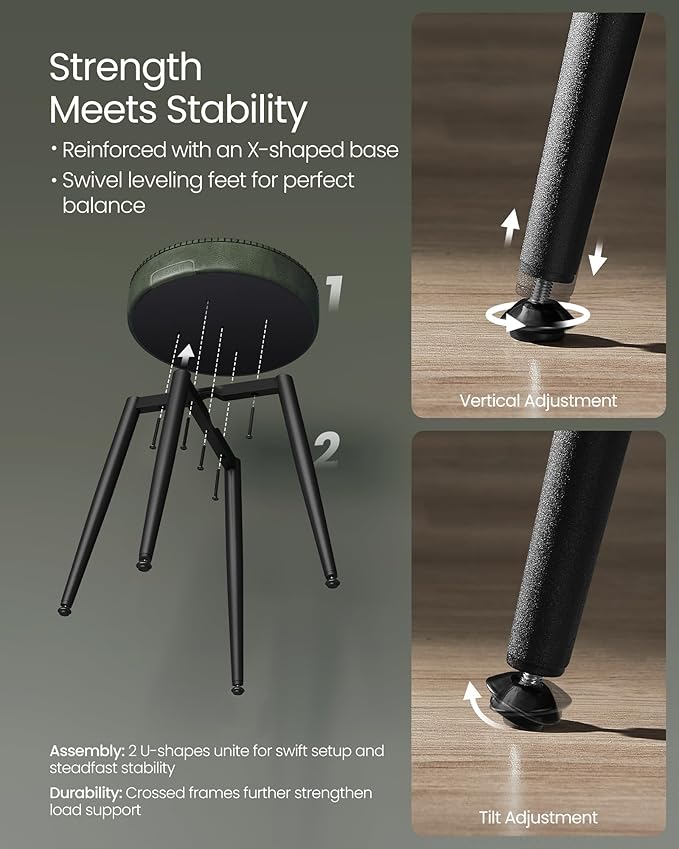 VASAGLE EKHO Collection - Dining Chairs Stools Set of 4, Upholstered Kitchen Chairs, Vanity Stools, Synthetic Leather with Stitching, Mid-Century Modern, 19-Inch Tall, Easy Assembly, Forest Green