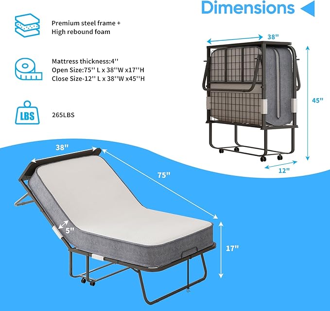 Mjkone Folding Bed with Mattress, Rollaway Bed for Adults with Headborad & Dustproof Bag, 5 Inch Portable Fold Up Bed for Guests with Casters, Foldable Frame, Space Saving for Bedroom(75" x 38")