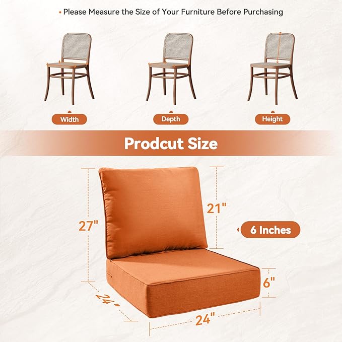 Luxury 6" Outdoor Cushions for Patio Furniture, 24x24x6" Thick Seat Cushion Set of 4, Fade Resistant Couch Chair Replacement Cushions High Density Deep Wicker Chair Cushion w/ Removable Cover, Orange
