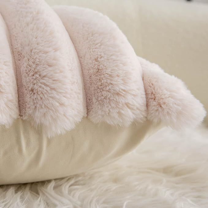 Neelvin Beige Faux Fur Cozy Soft Striped Decorative Throw Pillow Covers 16x16 inch Set of 2,Velvet Pillowcase Cushion Case for Sofa Couch
