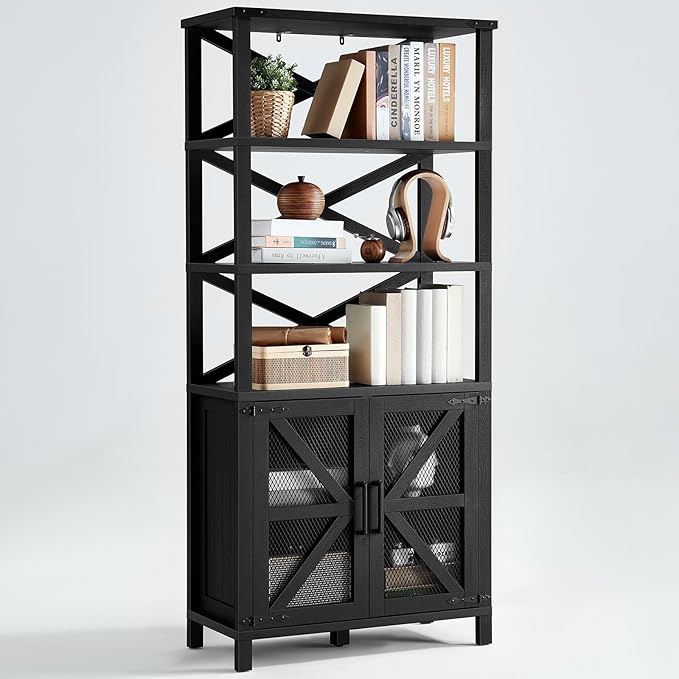 5 Tier Bookshelf 70" Tall Bookcase with Barn Doors,Large Farmhouse Display Book Shelf with Adjustable Shelves and Storage Cabinet,Library Wood Bookshelves for Living Room,Kitchen,Black(3PCS)