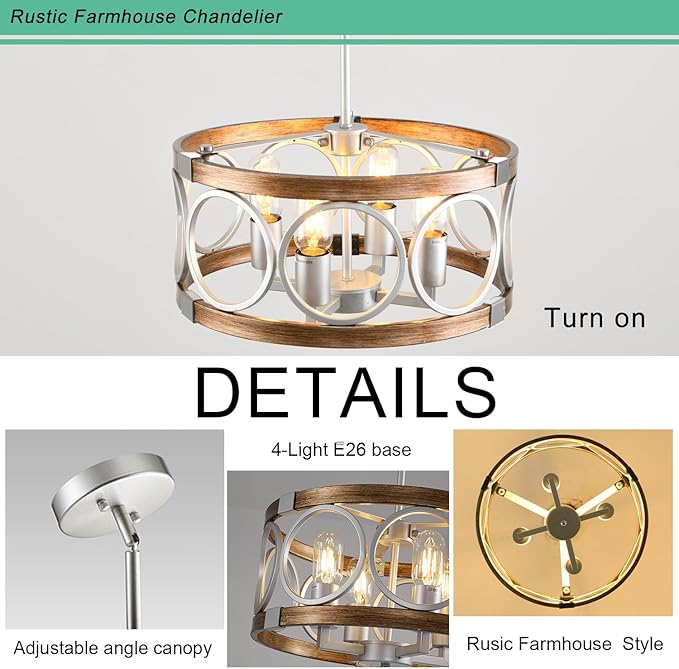 Silver Farmhouse Chandelier Light Fixture, 4-Light Kitchen Lighting Fixture Ceiling Mount, Rustic Round Ceiling Hanging Kitchen Island Lighting for Dining Room Bedroomxture