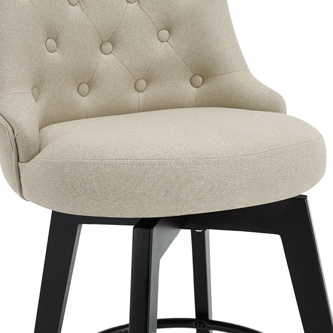 MINCETA Set of 2 Upholstered Bar Stools - 26 Inch Swivel Counter Height Stools with Low Tufted Back, Footrest & Performance Fabric - Khaki Round Seat for Kitchen Island & Home Bar