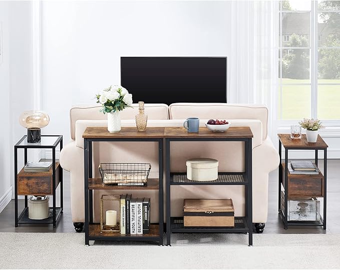 VECELO Tall End Side Tables,30" Height Nightstand with 3-Tier Storage Shelf for Bedroom Living Room, Easy Assembly,Industrial Style, Brown