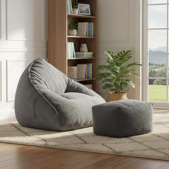 Cloud Bean Bag Chair with Ottoman for Adults, Comfy Corduroy Chaise Lounge Chair with High-Resilience Foam, Oversized Boneless Reading Chair for Bedroom & Living Room (Grey)