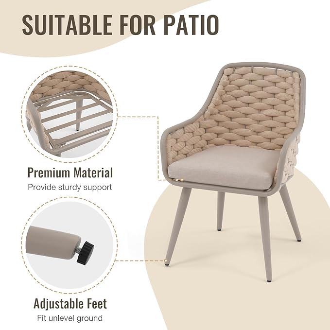 SUNSITT Contemporary Outdoor Dining Chairs Set of 2, Metal Patio Dining Chairs with Weather-Resistant Cushions, Woven Rope Chairs in Champagne