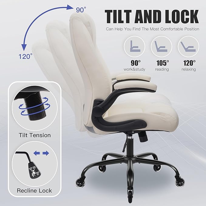 Big and Tall Office Chair for Heavy People, Executive Desk Computer Chair Adjustable Flip-up Armrests for Women, PU Leather Swivel Task Chair with Ergonomic High Back and Lumbar Support (White)