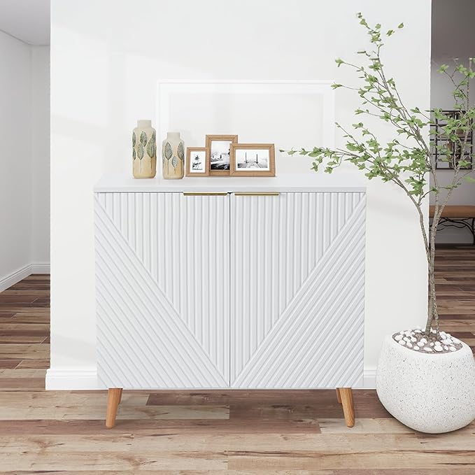 Modern Buffet Cabinet, Fluted Sideboard Buffet Cabinet with Storage, Wood Accent Table with Adjustable Shelf for Living Room, Entryway, White