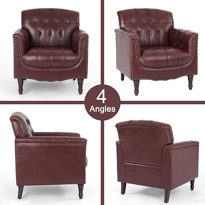 Faux Leather Accent Chairs Set of 4, Upholstered Armchairs with Nailhead Trims & Wood Legs for Living Room, Bedroom, Contemporary Comfy Club Chairs for Office-Dark Red