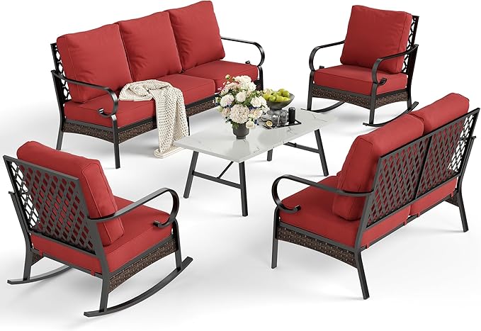 5 Piece Metal Outdoor Patio Furniture Set, Patio Conversation Set with 3-Seater Sofa, Loveseat, 2 Rocking Sofa (5.75" Thick Cushion) & Coffee Table Black Backyard Furniture, Rust Red