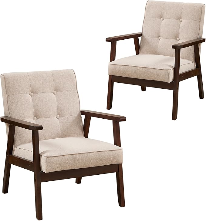 ANJ Mid Century Modern Accent Chairs Set of 2, Tufted Fabric Armchair with Solid Wood Frame, Comfy Retro Side Chair Reading Chair for Living Room, Bedroom,Beige