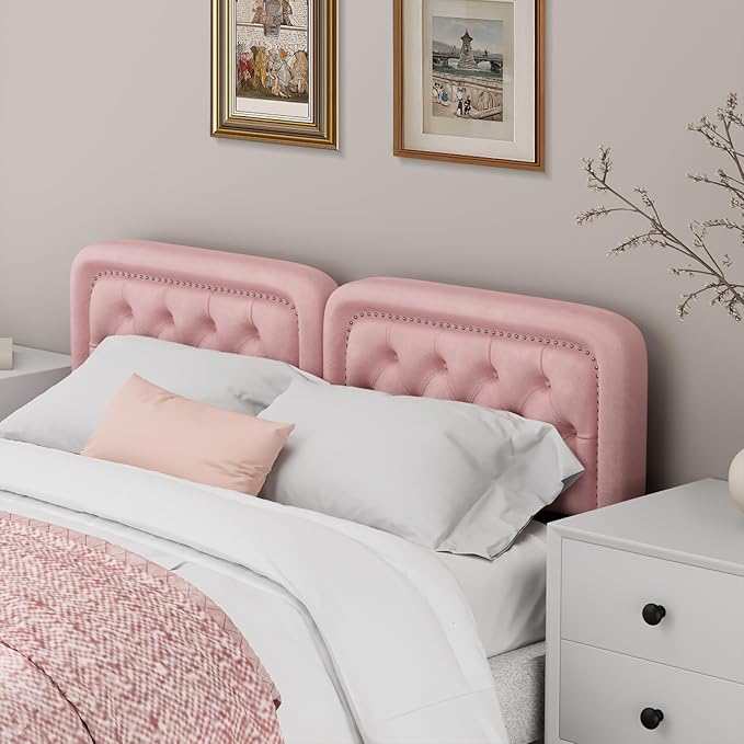Tufted Upholstered Headboard King Size, Button Adjustable Height King Head Board Only, Sturdy and Durable Solid Wood with Nailhead Trim Headboards, Ideal for Bedroom, Dorm, Guest Room,Pink