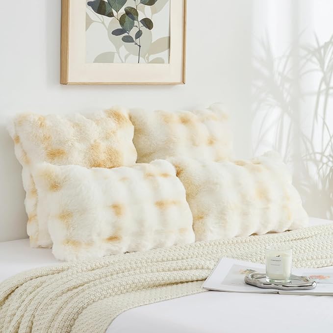 FUTEI Yellow White Decorative Throw Pillow Covers 18x18 Inch Set of 2,Soft Fuzzy Faux Rabbit Fur Cushion Covers with Raised Texture,Neutral Boho Home Decor for Couch Bed Living Room