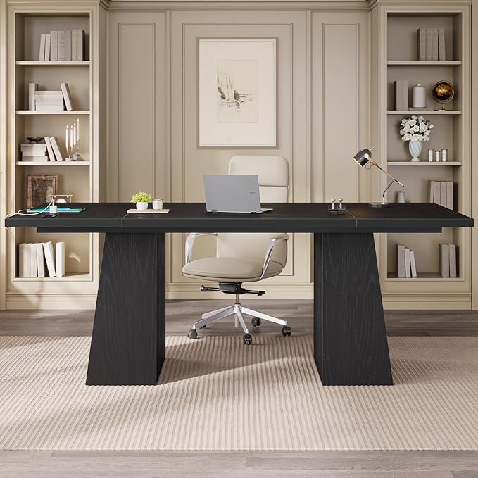 63 in Executive Desk with Power Outlets, Modern Home Office Desk with Storage Cabinet, Wood Computer Desk Business Workstation Desk Conference Table (Black)