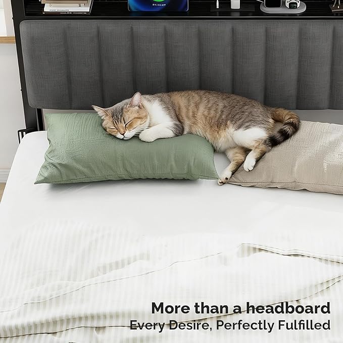 VINGLI Twin or Twin XL Size Headboard, Adjustable Upholstered Headboard with 3 Tier Shelves and Pegboard with Charging Stations and LED Lights, Modern Bed Headboard with Storage for Bedroom Decor