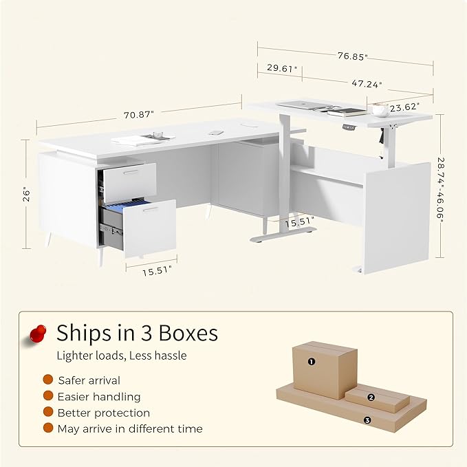 77" L-Shaped Electric Standing Executive Desk with 2-Drawer Storage Cabinet, Height Adjustable Workstation with Memory Presetsfor Home Office