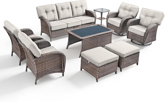 9-Piece Rotating Balcony Chair Set with 31-inch T-Shaped Wide backrest - Rattan Outdoor Rotating Balcony Chairs, Wide backrest Comfortable Outdoor Sliding Chair - Brown | Beige