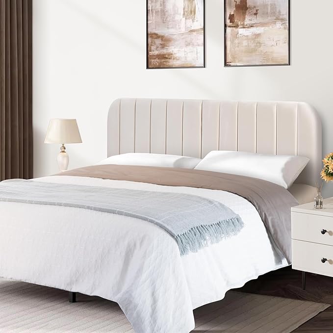 Upholstered Headboard - Striped Interval - Adjustable Height - Metal Legs - Bed Frame (Beige, King (U.S. Standard))