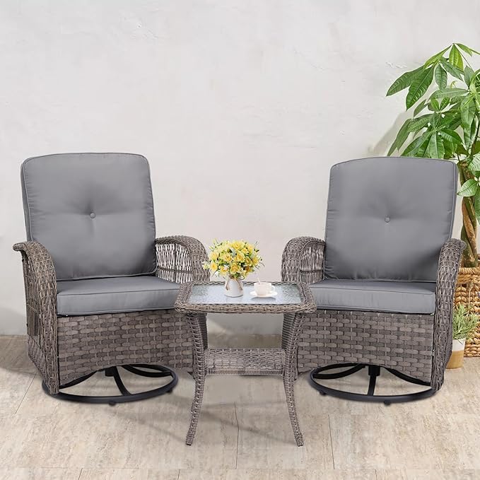 VIVIJASON 3-Piece Outdoor Conversation Bistro Set, Patio Swivel Glider Rocking Chairs Rattan Furniture Sets w/ 2 Rattan Chairs, Glass Top Side Table for Porch Backyard, Gray Wicker & Gray Cushions