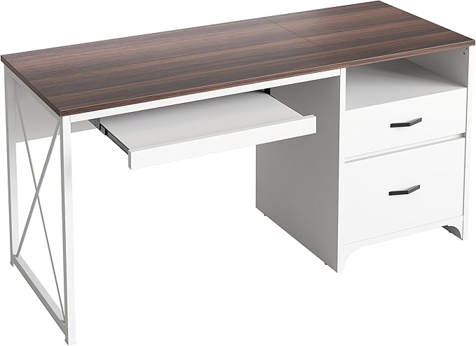 Bestier Office Desk with Drawers, 55 inch Industrial Computer Desk with Storage, Wood Teacher Desk with Keyboard Tray & File Drawer for Home Office, Walnut