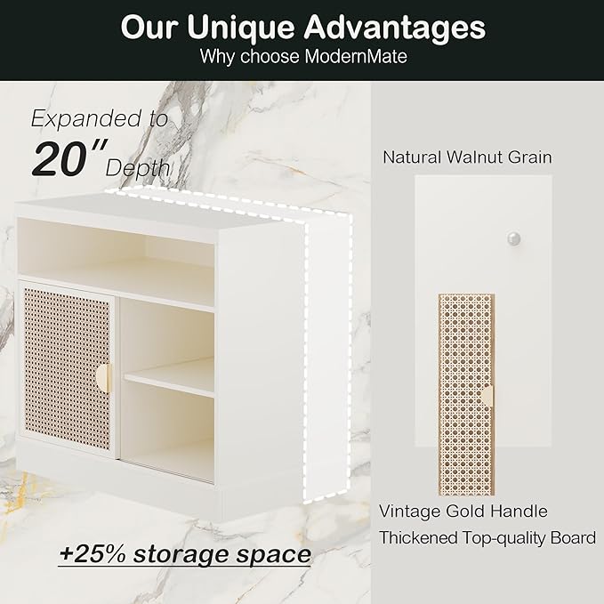 Modern Wood Accent Cabinet with Sliding Door, Adjustable Open Shelves & Gold Handle Storage Cabinet for Home Office, 31W*20D*29H, White Rattan
