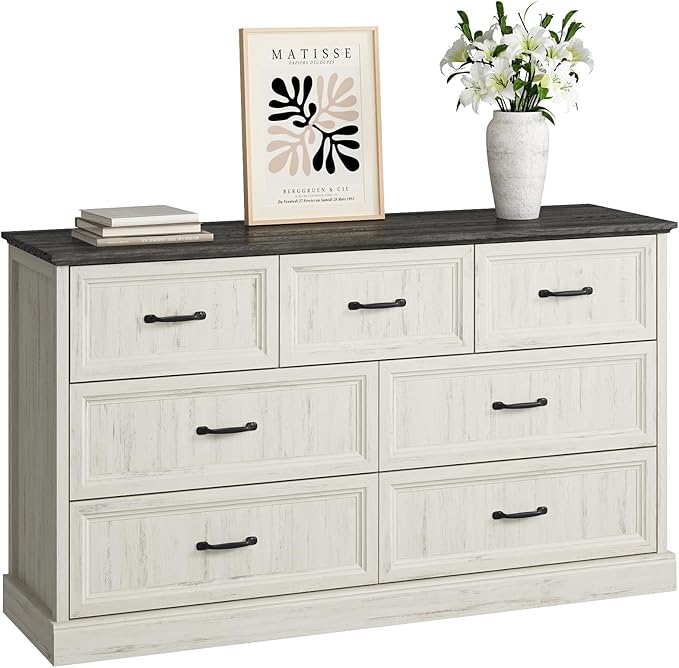 Farmhouse 7 Drawer Dresser for Bedroom, 55 Inch Wide Modern White Dresser TV Stand with Large Drawers & Bar Handles, Rustic Wood Chest of Drawers for Bedroom, Living Room