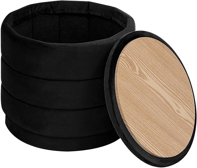 PINPLUS Round Velvet Ottoman Tray, Black Upholstered Decorative Accent for Footstool or Coffee Table, Removable Serving Surface