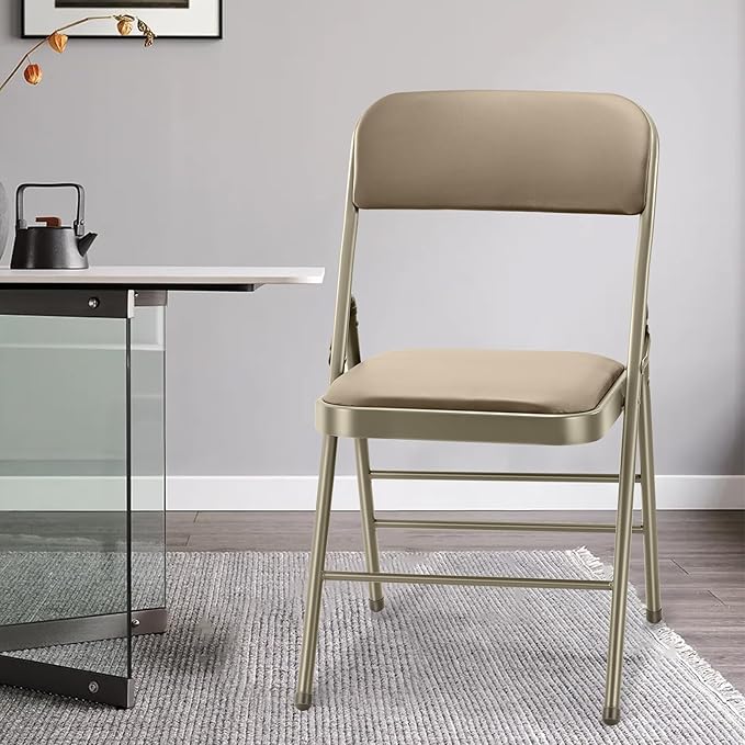cyclone sound 4 Pack Folding Chairs with PU Padded Cushion and Back, Commercial Grade Metal Chairs with Comfortable PU Leather Cushion for Home and Office, for Indoor and Outdoor Events (4, Beige-PU)