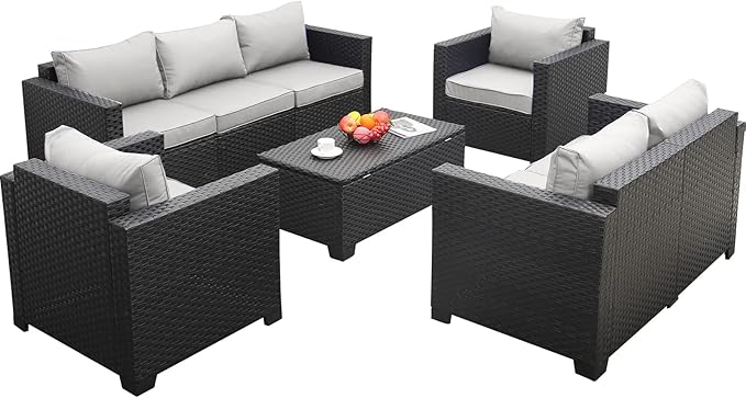 Rattaner 5-Piece Patio Furniture Sofa Set Outdoor Wicker Sectional Couch with Storage Table Non-Slip Cushions Furniture Covers, Grey