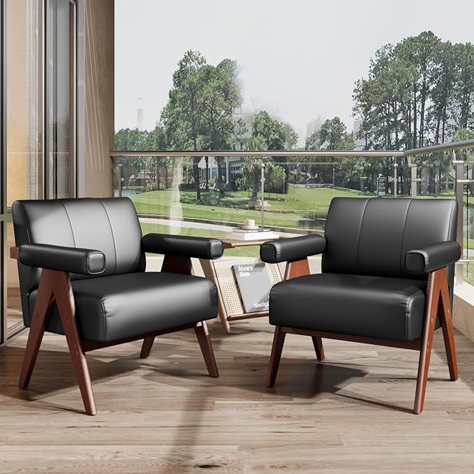 STHOUYN Black Leather Accent Chairs, Mid Century Modern Chair, Side Arm Chairs for Living Room, Office Guest Waiting Room Chairs (1, Black)