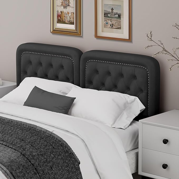Tufted Upholstered Headboard King Size, Button Adjustable Height King Head Board Only, Sturdy and Durable Solid Wood with Nailhead Trim Headboards, Ideal for Bedroom, Dorm, Guest Room,Black